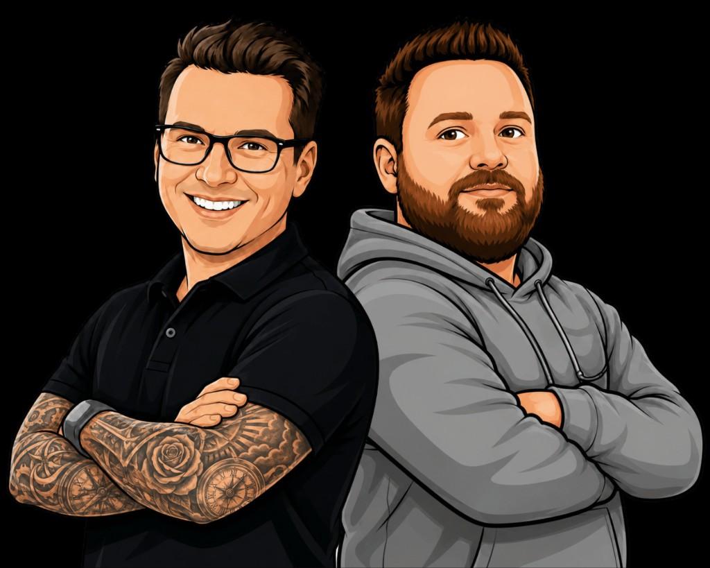 Matt and Ben from Spot On Websites, standing back to back with arms crossed