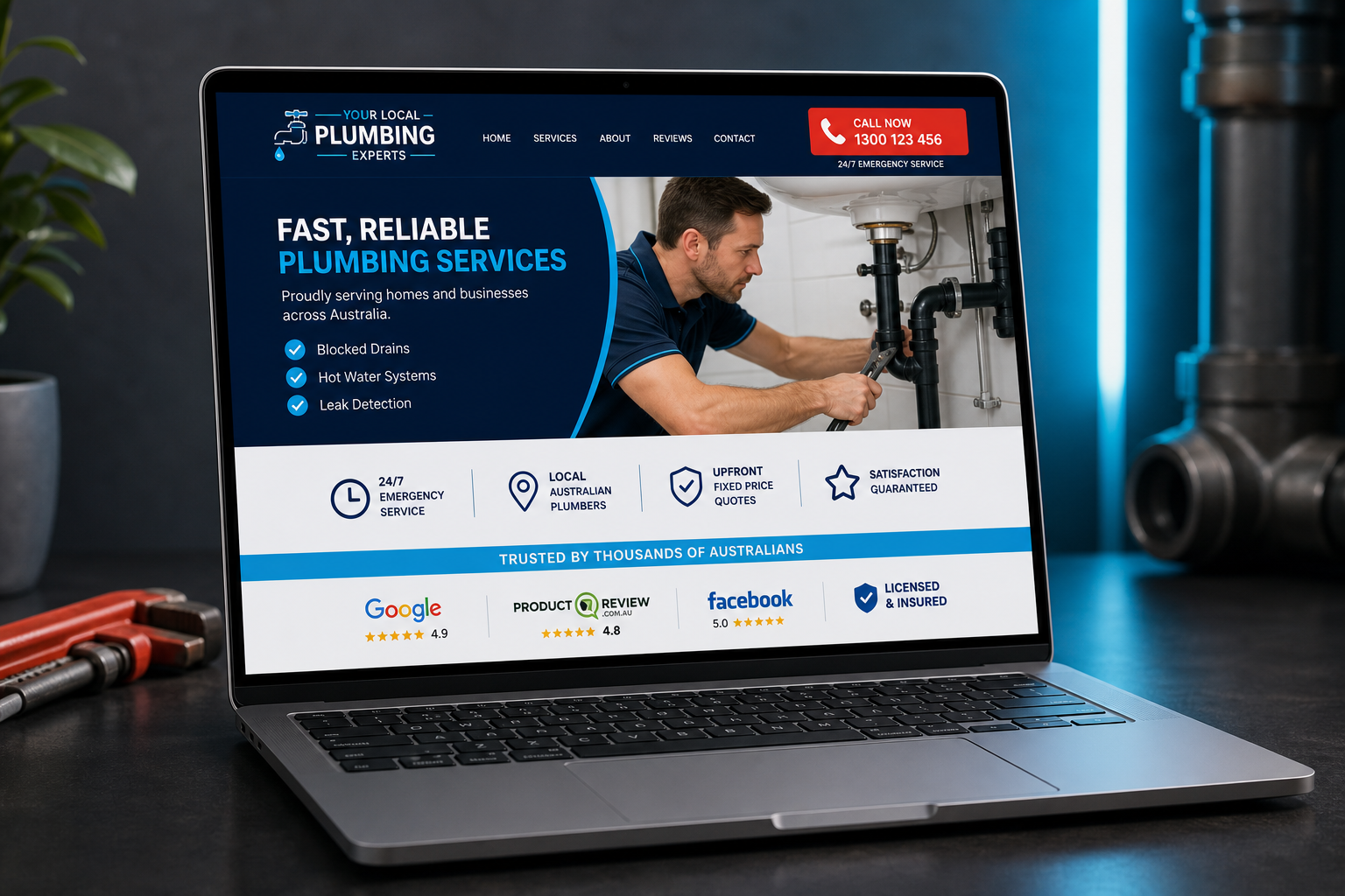 Example plumber website design on a laptop showing emergency call button and plumbing services