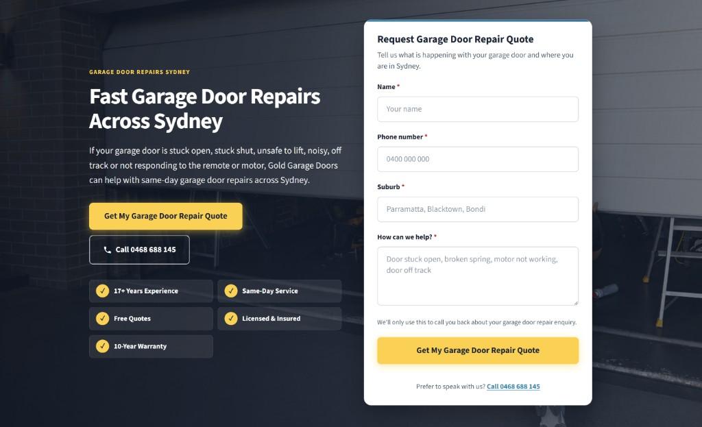 Landing page preview with enquiry form and clear call to action