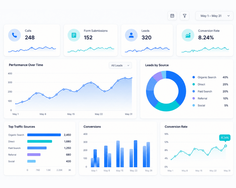 Analytics dashboard showing calls, form submissions, leads and conversion rate