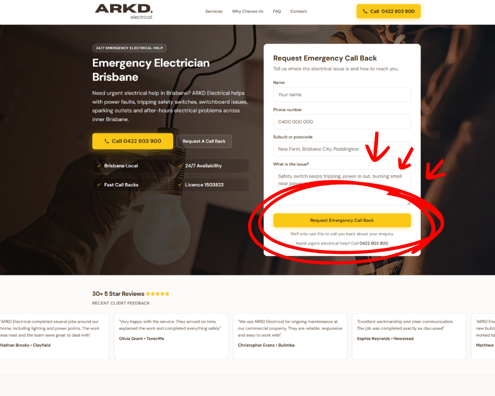 Service website with a low-friction quote form and reviews