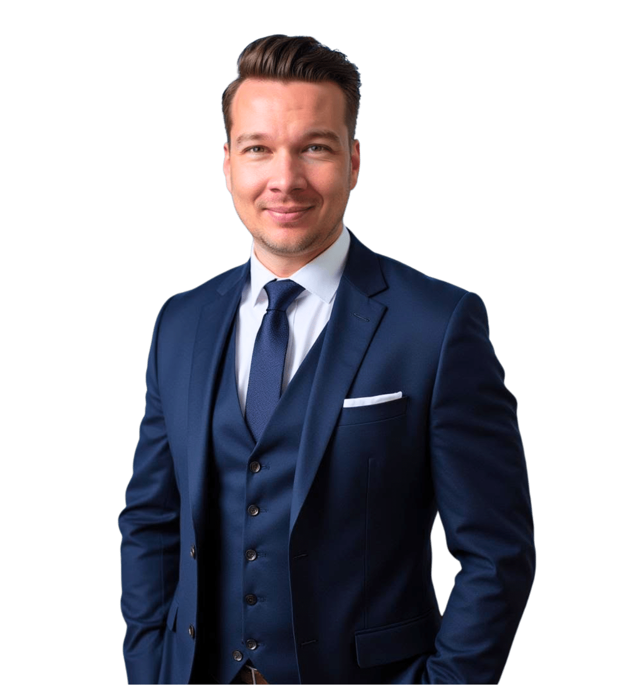 Man in a navy blue suit with a vest and tie stands smiling against a plain background.