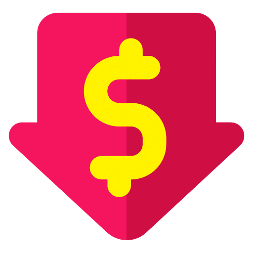 A large red downward arrow with a yellow dollar sign centered on it, symbolizing a decrease in prices or financial decline.