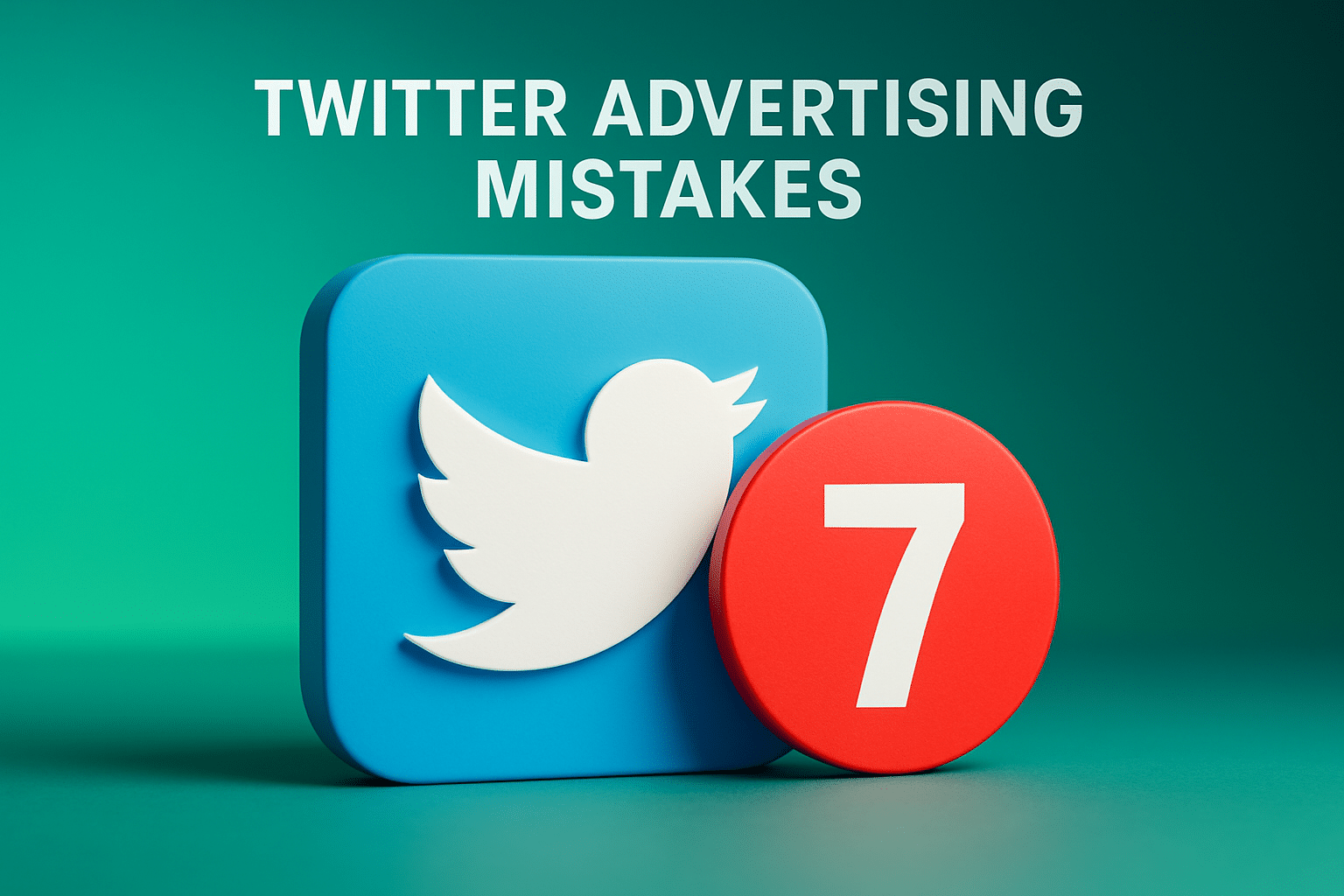 3D Twitter logo with a large red circle showing the number 7 in front, set against a green background. The text above reads, “Twitter Advertising Mistakes.”.
