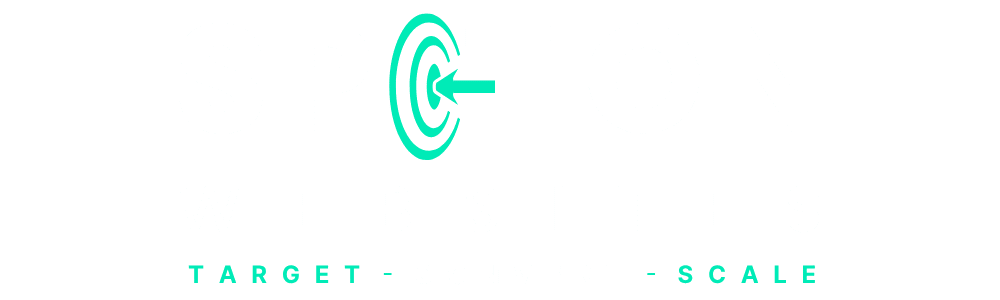 White banner with the words "SPOT ON" in large letters; the "O" is represented by a green target symbol. Below, "WEBSITES" is written in smaller letters, with "TARGET - CONVERT - SCALE" in green at the bottom.