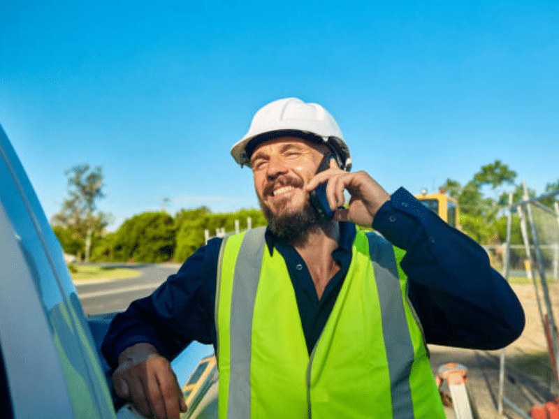 A construction worker wearing a white hard hat and neon yellow safety vest smiles while talking on a mobile phone outside by a vehicle, with trees and blue sky in the background.