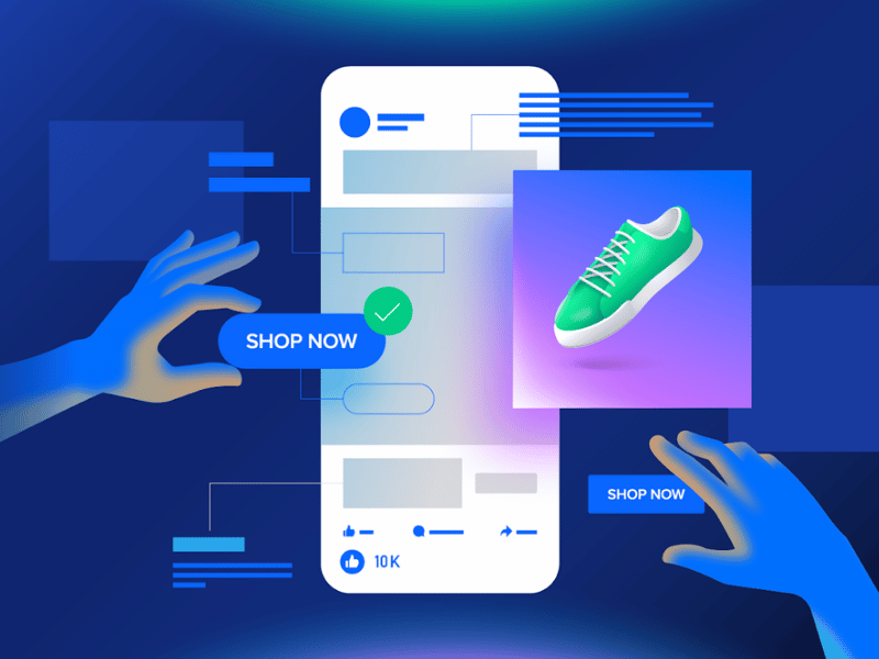 Digital illustration of hands interacting with a mobile app interface. A green sneaker is featured prominently with "Shop Now" buttons, indicating an online shopping experience. The background is blue with floating interface elements.