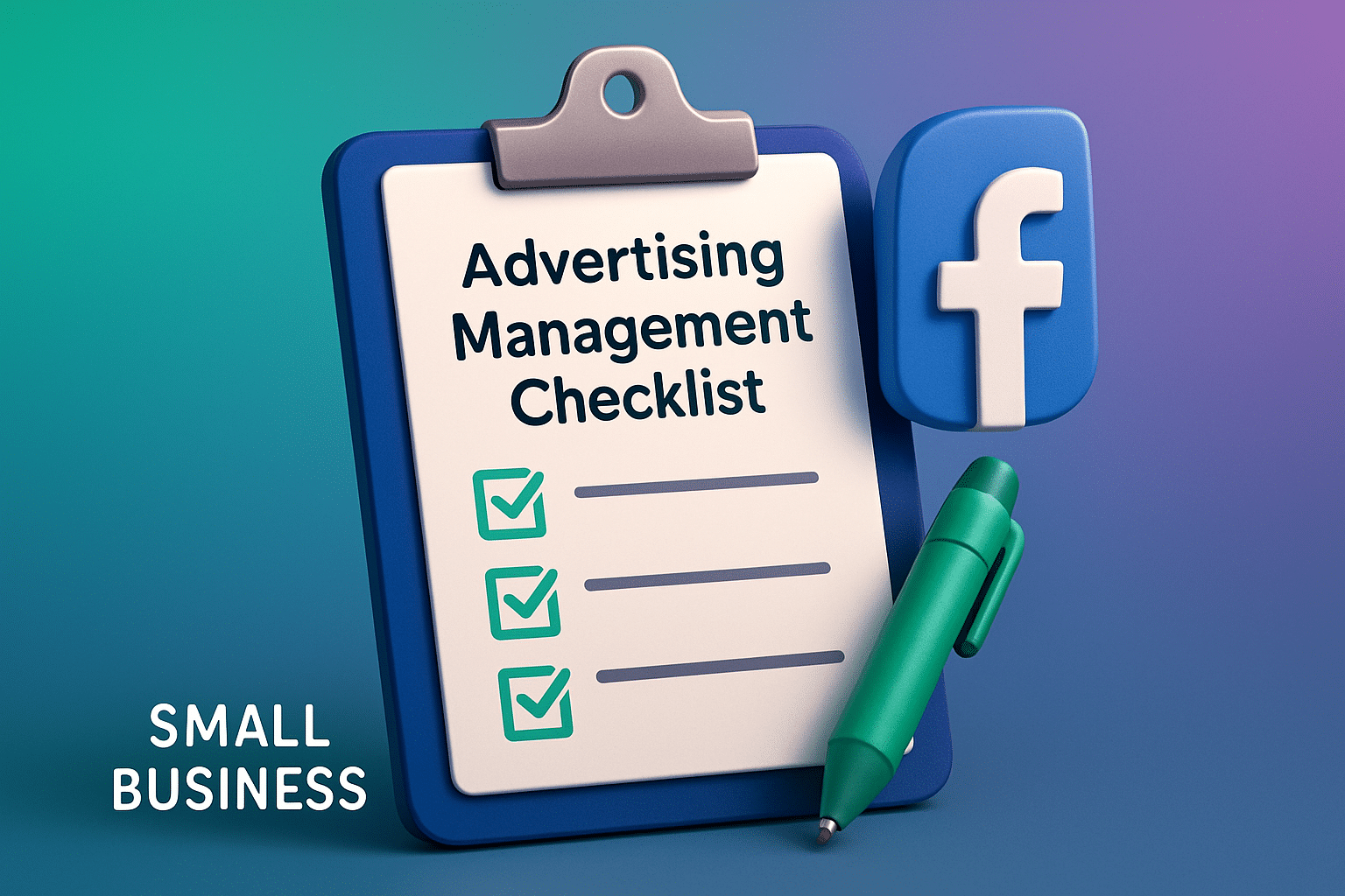 A clipboard with "Advertising Management Checklist" and three checked boxes sits next to a Facebook logo and a green pen on a gradient background. The words "Small Business" appear in the lower left corner.