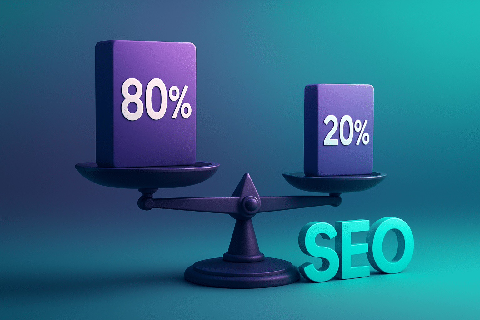 A balance scale with a large block labeled "80%" on one side and a smaller block labeled "20%" on the other, with the letters "SEO" beside the scale, representing the 80/20 rule in SEO strategy.