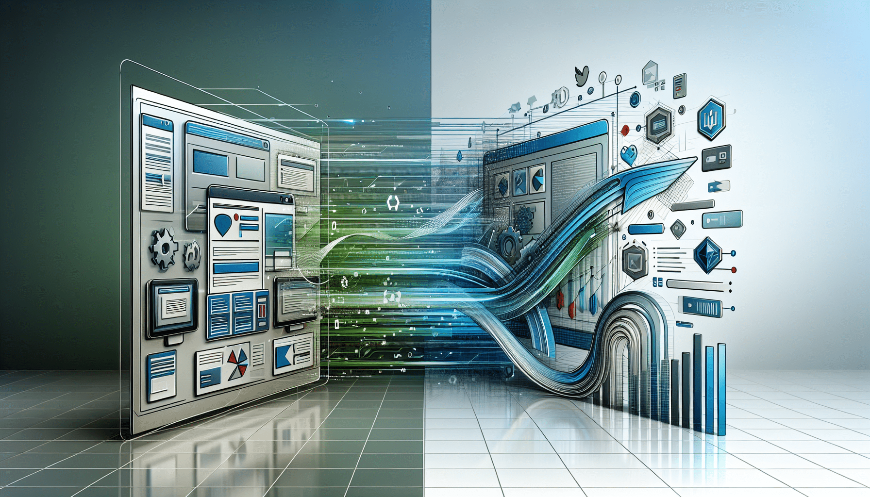 Split-screen digital illustration showing a transformation from outdated, cluttered web interfaces on the left to modern, organized, and dynamic dashboards and icons on the right, symbolizing technological progress.