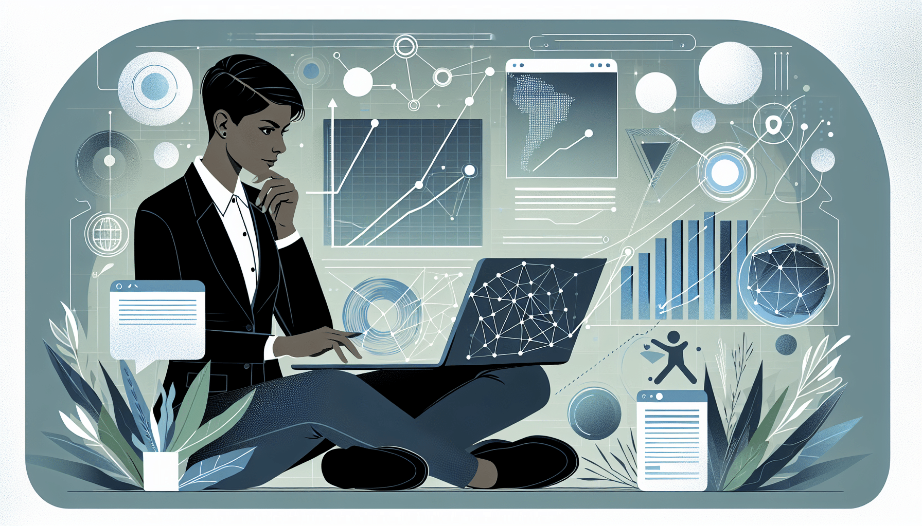 A person in a suit sits cross-legged, using a laptop, surrounded by floating data charts, graphs, and digital interface elements, symbolizing data analysis or digital work in a modern, tech-focused environment.
