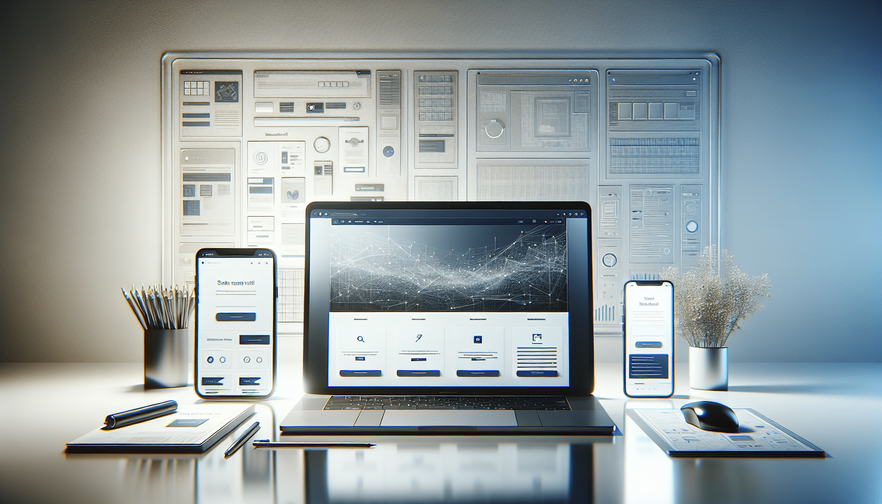 A modern desk setup with a laptop, two smartphones, a mouse, notebook, and pens. The laptop and phones display similar web interfaces. A decorative board with diagrams is mounted on the wall in the background.