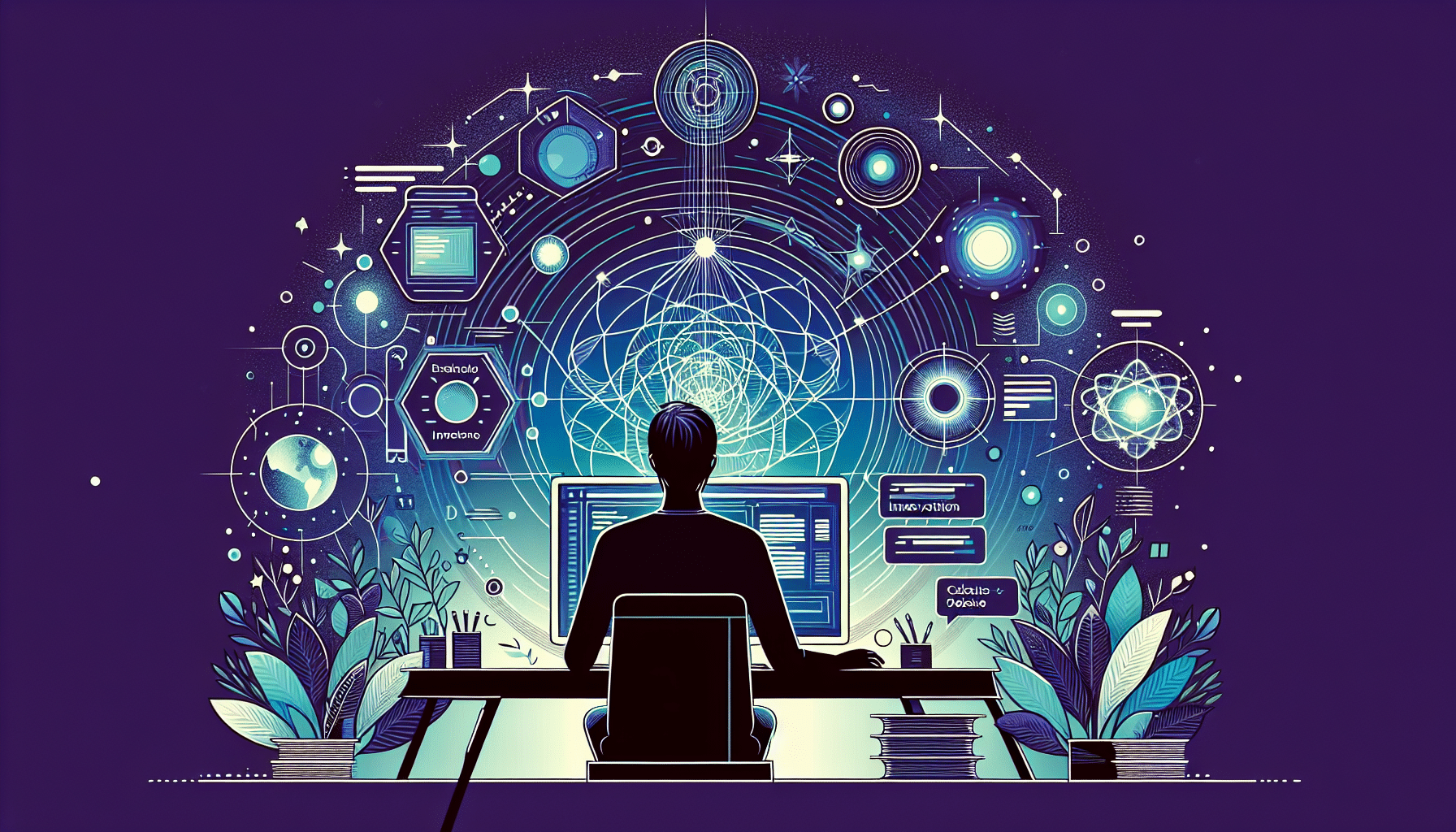 A person sits at a desk with computer screens, surrounded by plants, books, and glowing abstract symbols, graphs, and cosmic diagrams, suggesting science, technology, and creative exploration in a futuristic setting.