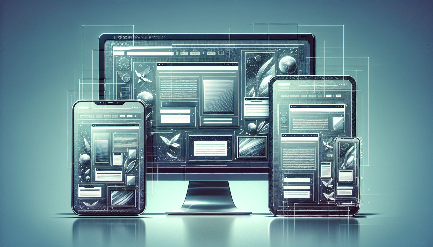 A computer monitor, tablet, and two smartphones display similar futuristic website layouts, illustrating responsive web design across multiple digital devices with a sleek, technological background.